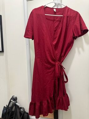 Women’s Wrap Dress - Deep Red Tie-Waist Ruffle Hem